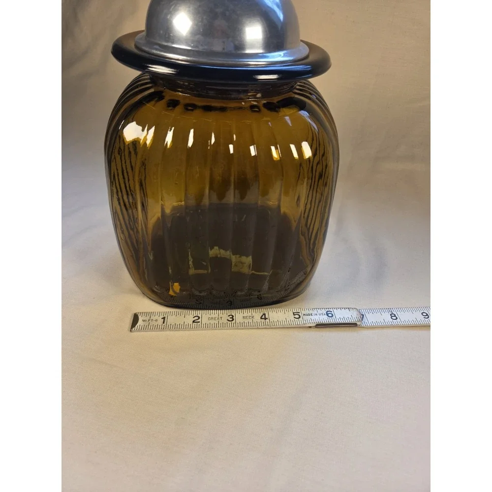 VINTAGE APOTHECARY ARTLAND AMBER RIBBED GLASS CANISTERS PEWTER with LIDS